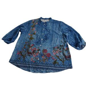 Blue Floral Button Up Blouse Womens Size XL 3/4 Sleeve High Neck Cottage Grandma